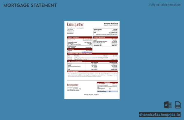 Liechtenstein Kaiser Partner Privatbank mortgage statement Word and PDF sample preview